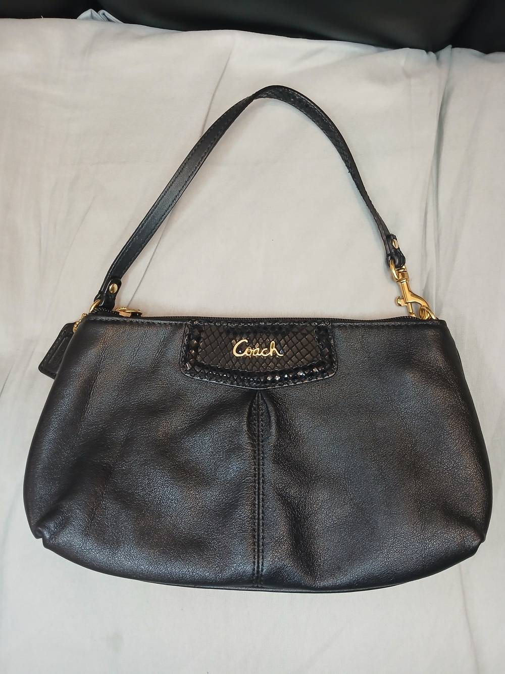 Coach Black Leather Mini Shoulder Bag/Wristlet with Gold Hardware